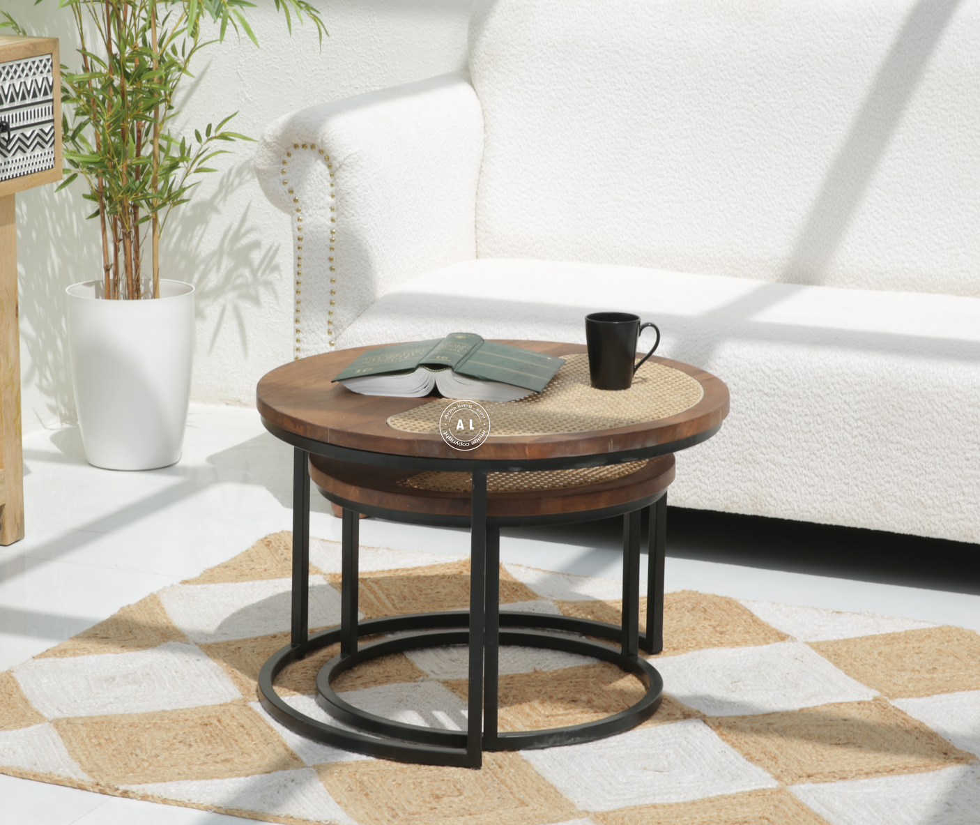 Norge Nesting Coffee Table Set of 2 with Cane Top & Metal Base – Honey Finish