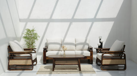 Vortex 3+1+1 Sheesham Wood Sofa Set with Cane Detailing – Walnut Finish Arina Living