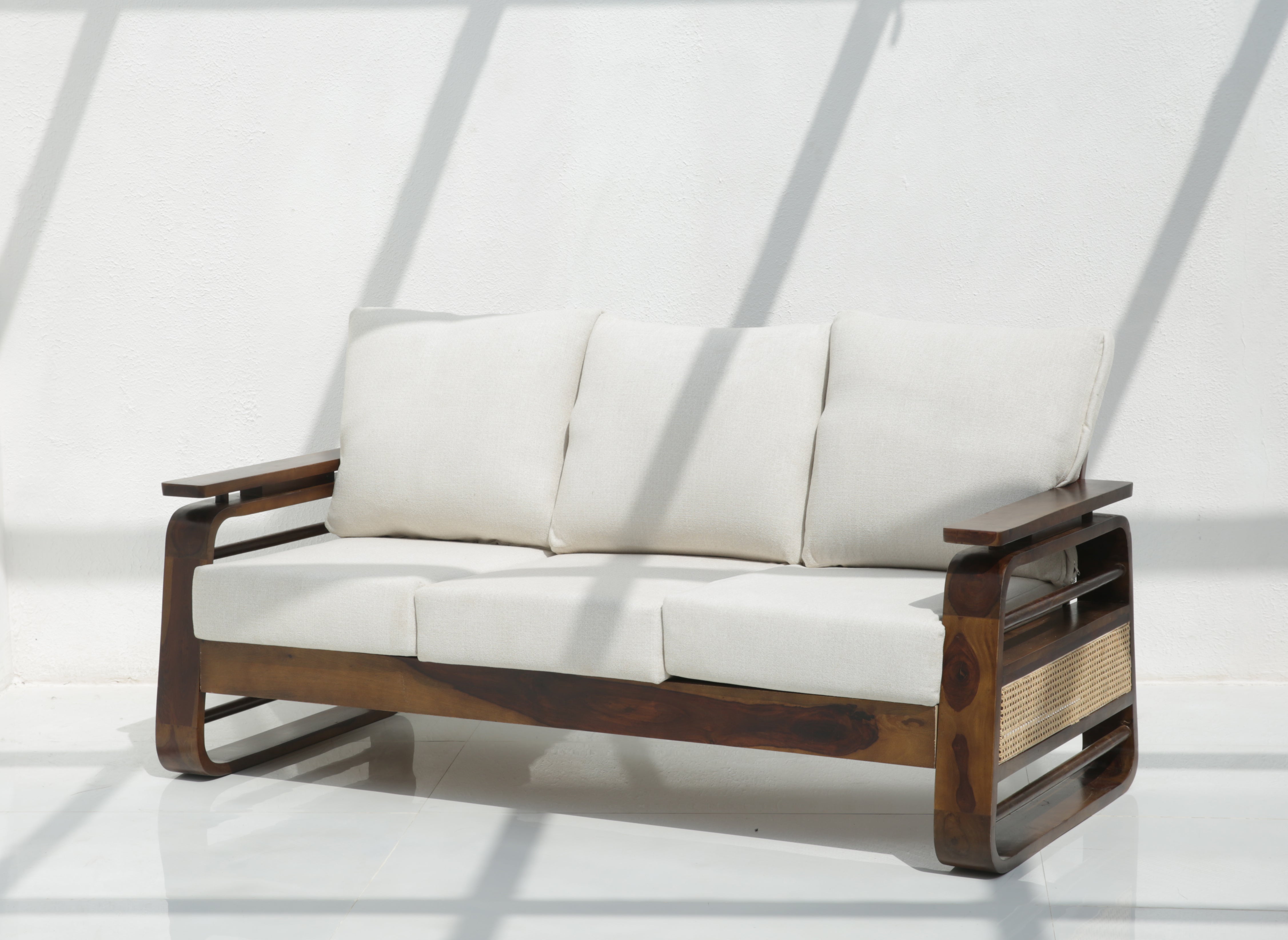 Vortex 3 Seater Sheesham Wood Sofa with Cane Detailing – Walnut Finish Arina Living