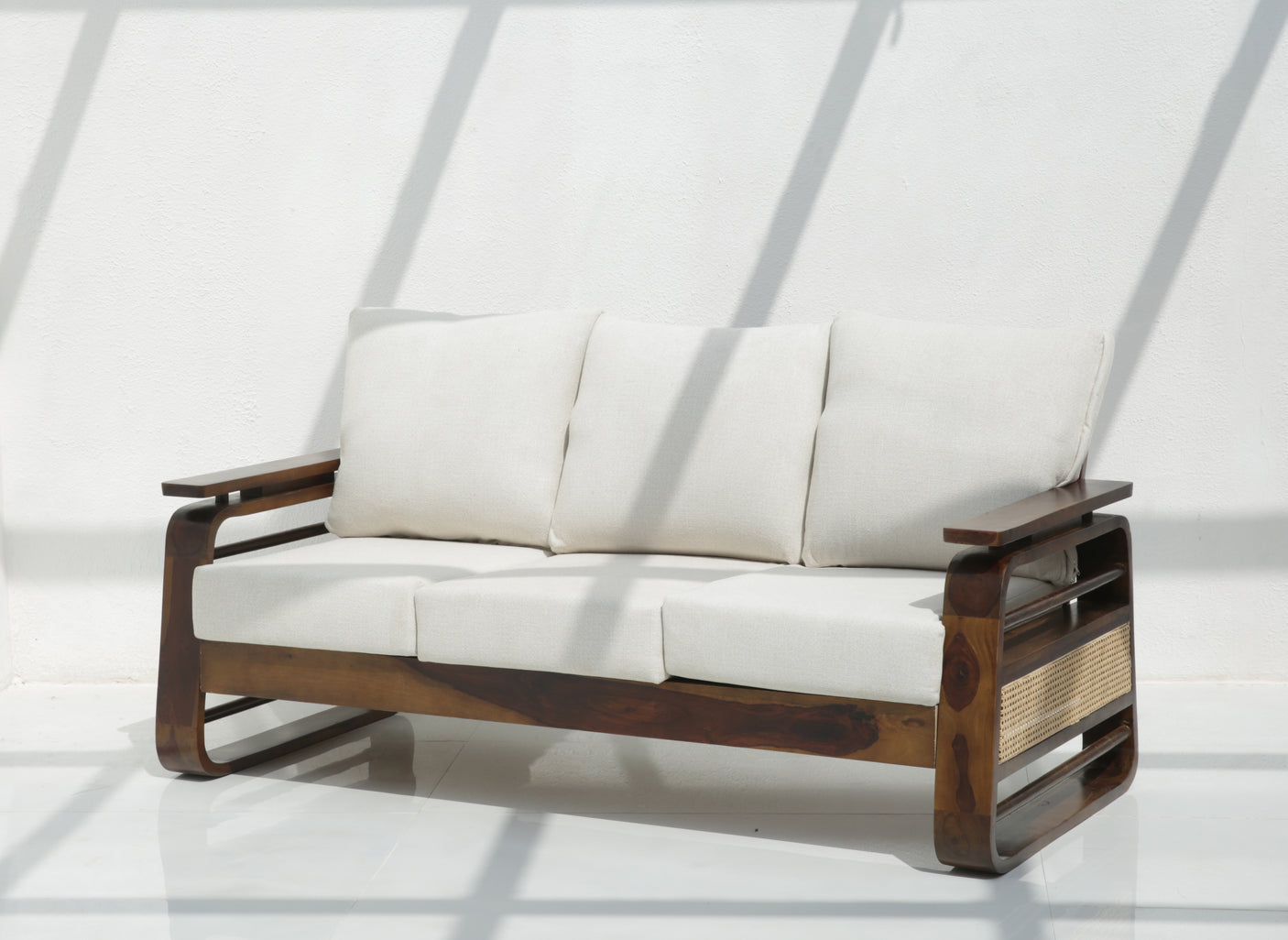 Vortex 3 Seater Sheesham Wood Sofa with Cane Detailing – Walnut Finish Arina Living