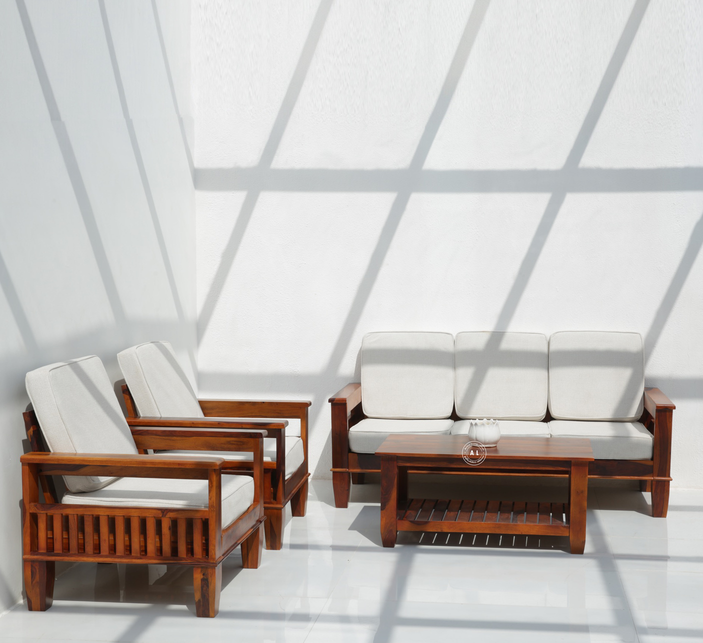 Flux 3+1+1 Sheesham Wood Sofa Set with Cushions – Honey Finish