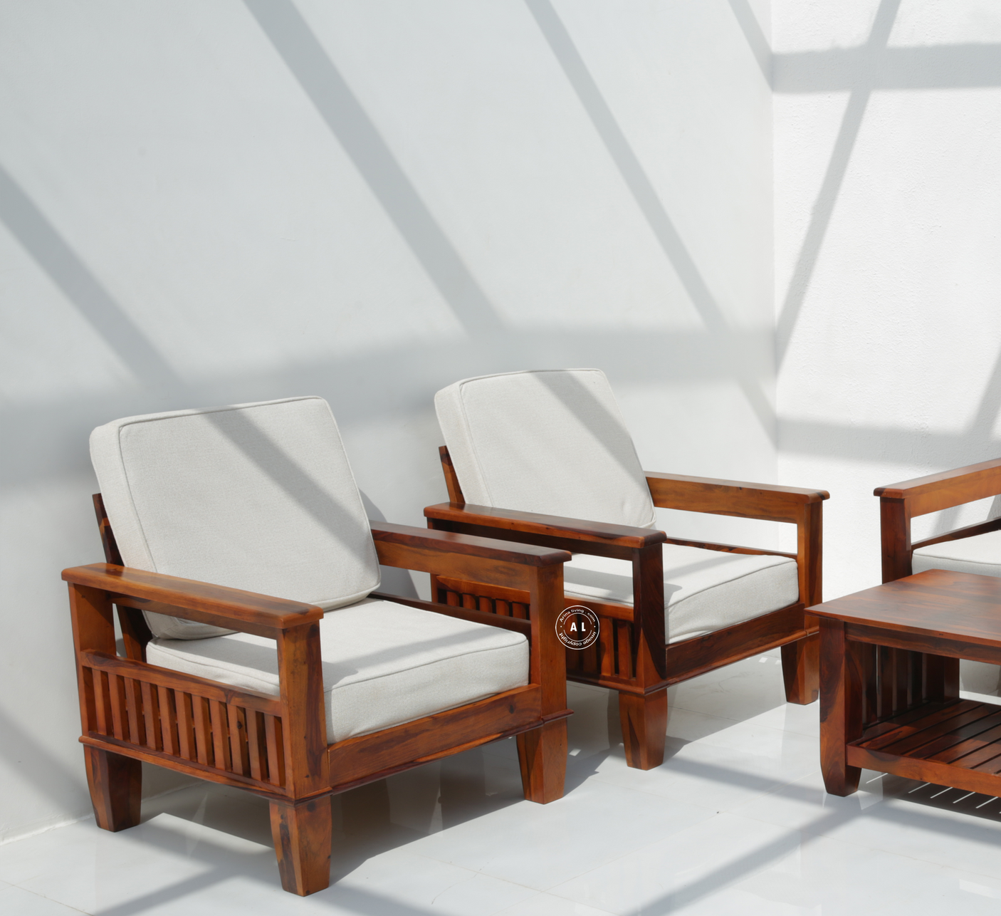 Flux 3+1+1 Sheesham Wood Sofa Set with Cushions – Honey Finish