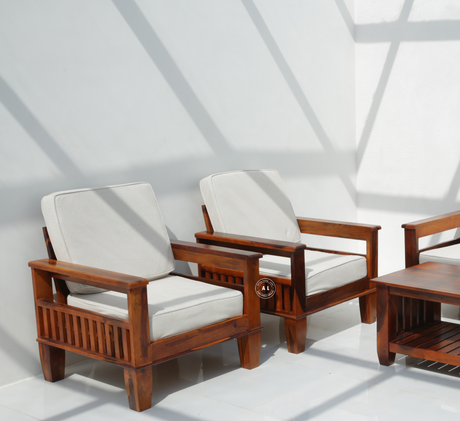Flux 3+1+1 Sheesham Wood Sofa Set with Cushions – Honey Finish Arina Living