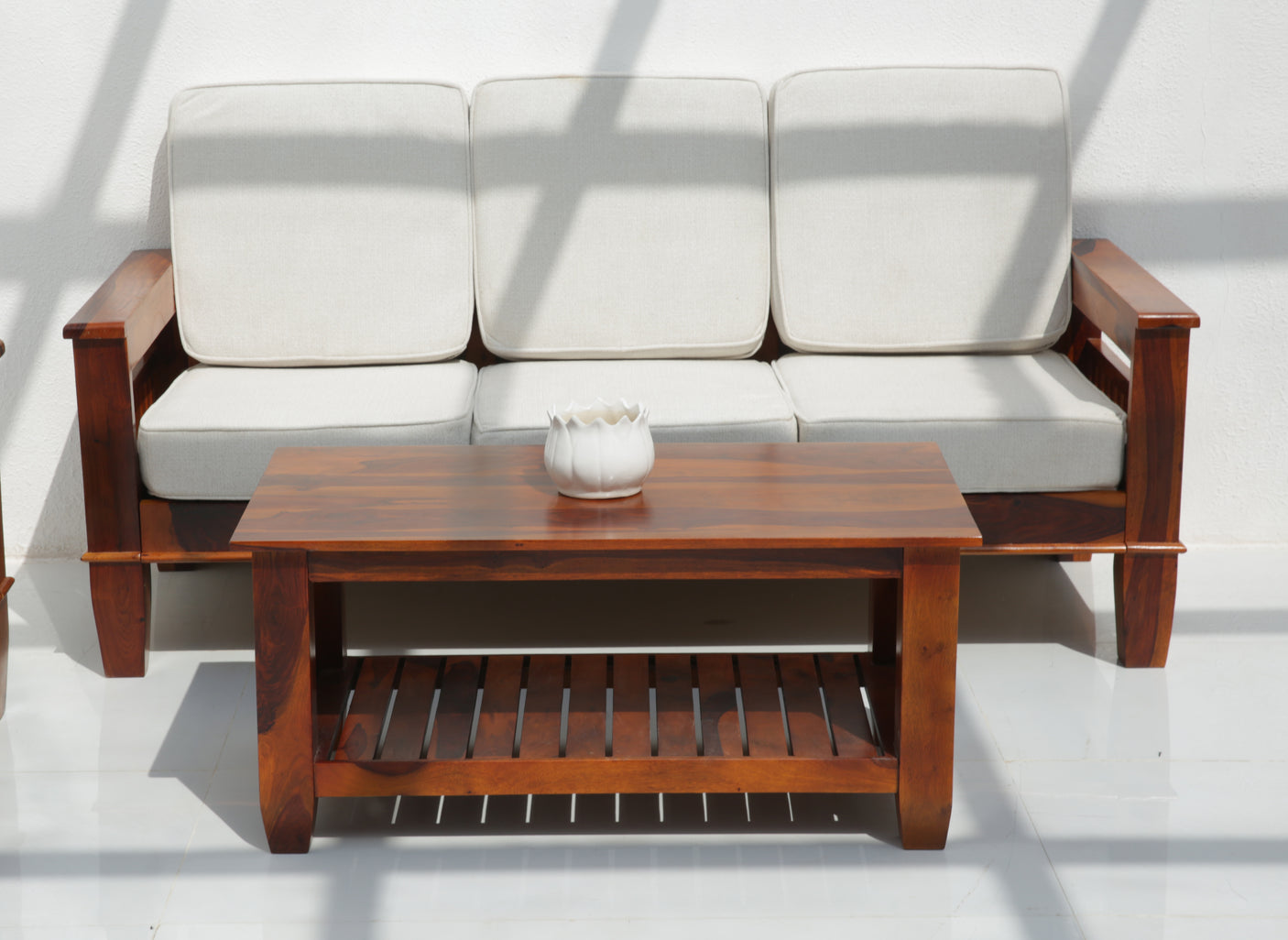 Flux 3 Seater Sheesham Wood Sofa with Cushions – Honey Finish Arina Living