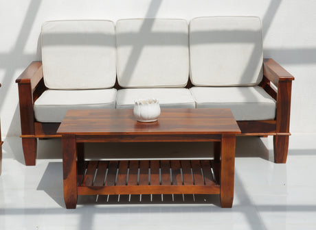 Flux 3 Seater Sheesham Wood Sofa with Cushions – Honey Finish Arina Living