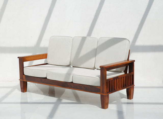 Flux 3 Seater Sheesham Wood Sofa with Cushions – Honey Finish Arina Living