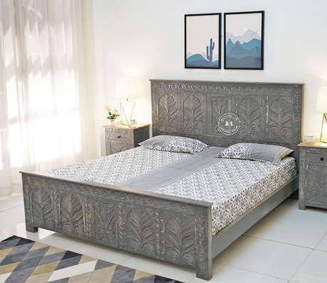 Minott Solid Mango Wood Hand-Carved King Size Bed – Grey Finish Arina Living