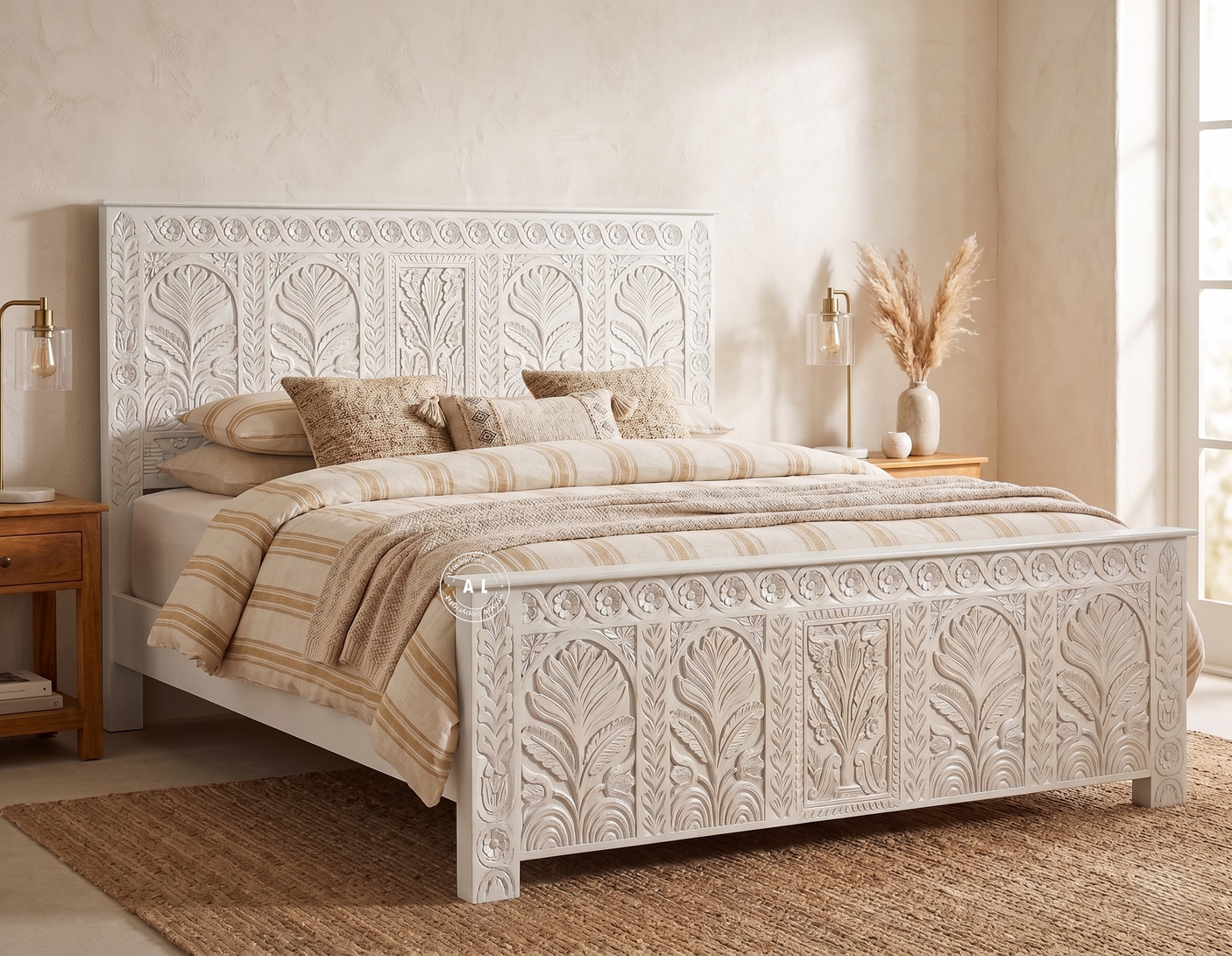 Minott Solid Mango Wood Hand-Carved King Size Bed – White Finish