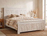 Minott Solid Mango Wood Hand-Carved King Size Bed – White Finish