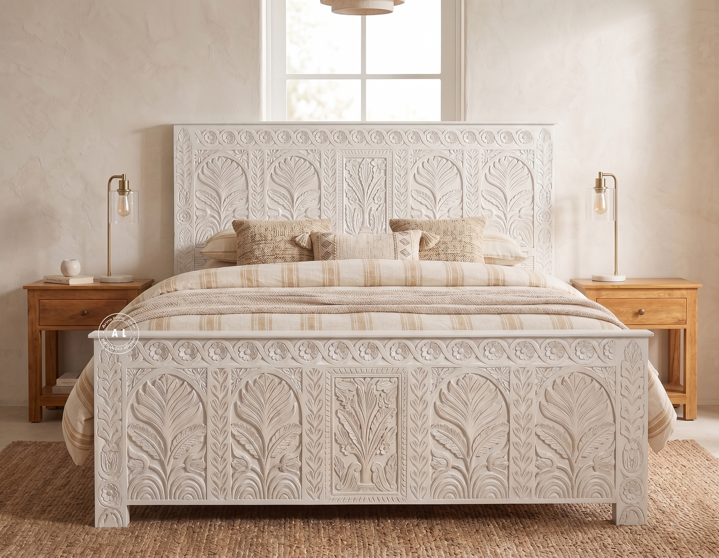 Minott Solid Mango Wood Hand-Carved King Size Bed – White Finish
