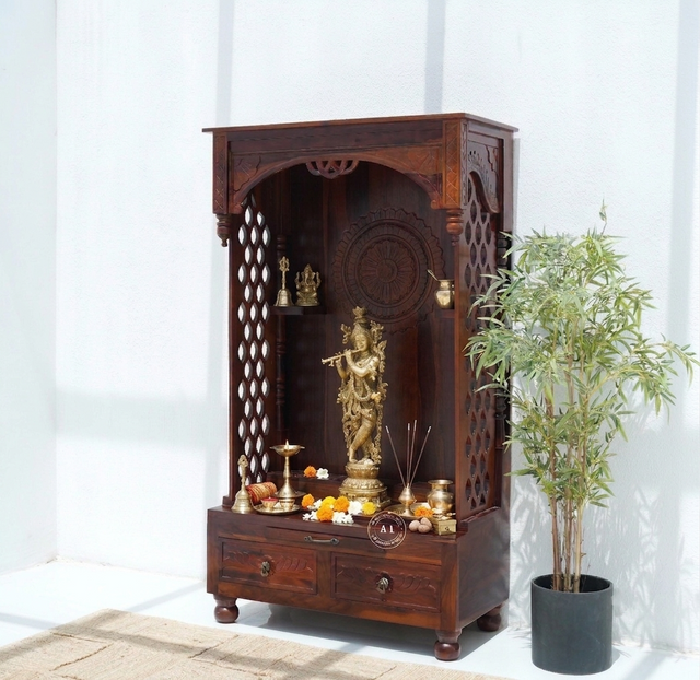 Harper Solid Sheesham Wood Home Temple with 2 Drawers – Honey Finish Arina Living