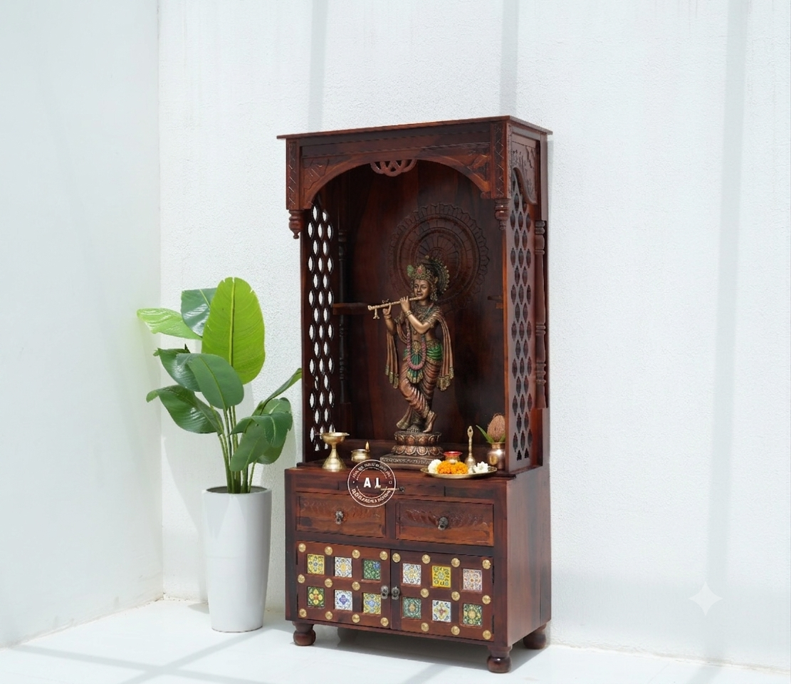 Harper Solid Sheesham Wood Full Size Home Temple with Storage – Honey Finish Arina Living