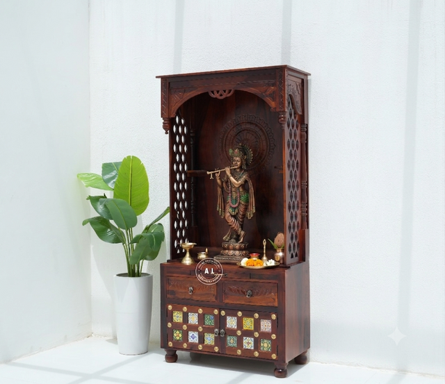 Harper Solid Sheesham Wood Full Size Home Temple with Storage – Honey Finish Arina Living