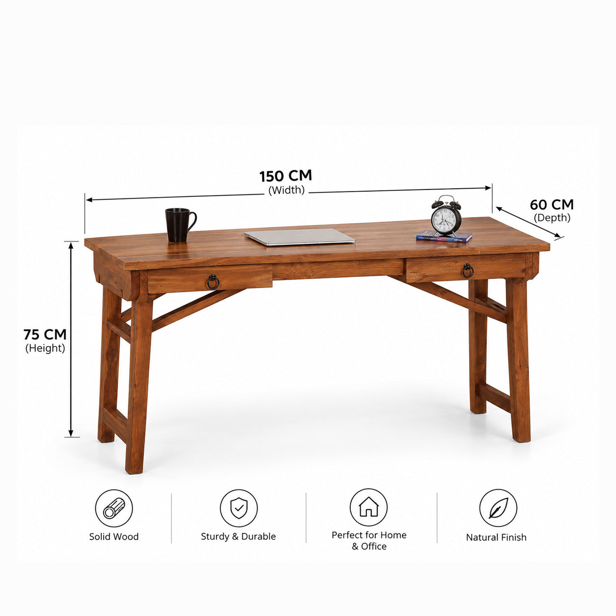 Field Teak Wood Study Table with Drawer Storage – Teak Finish Arina Living