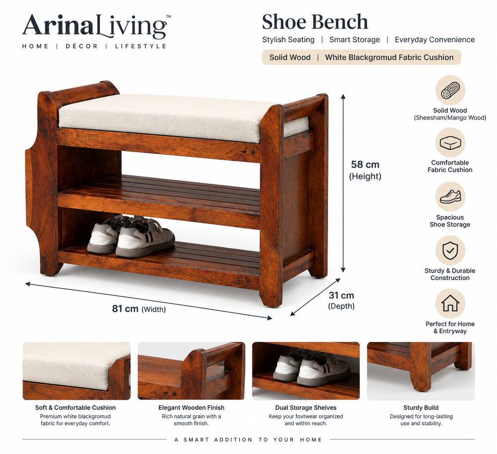 Kasie Solid Sheesham Wood Shoe Rack with Cushioned Seat & Storage Shelves – Honey Finish Arina Living