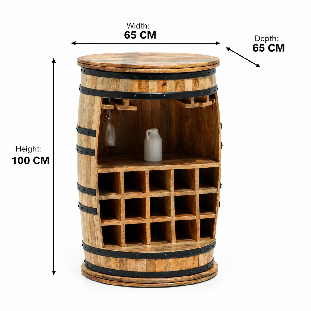 Mallus Mango Wood Barrel Cocktail Cabinet in Natural Finish – Rustic Bar Cabinet Arina Living