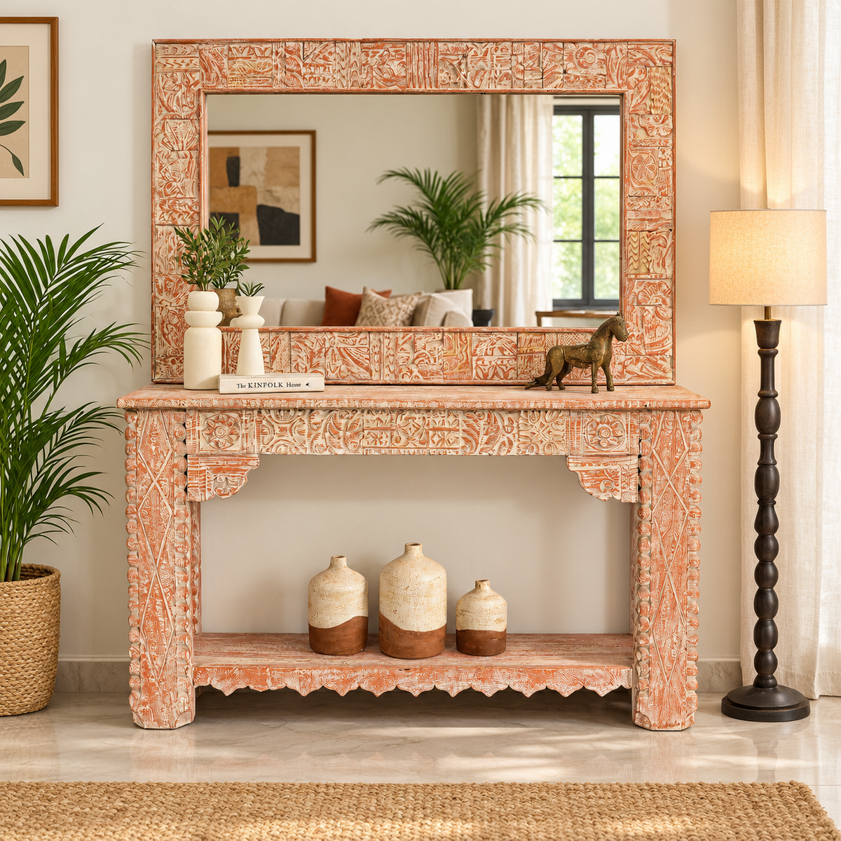 Usual wooden Carved  console table with mirror frame Arina Living