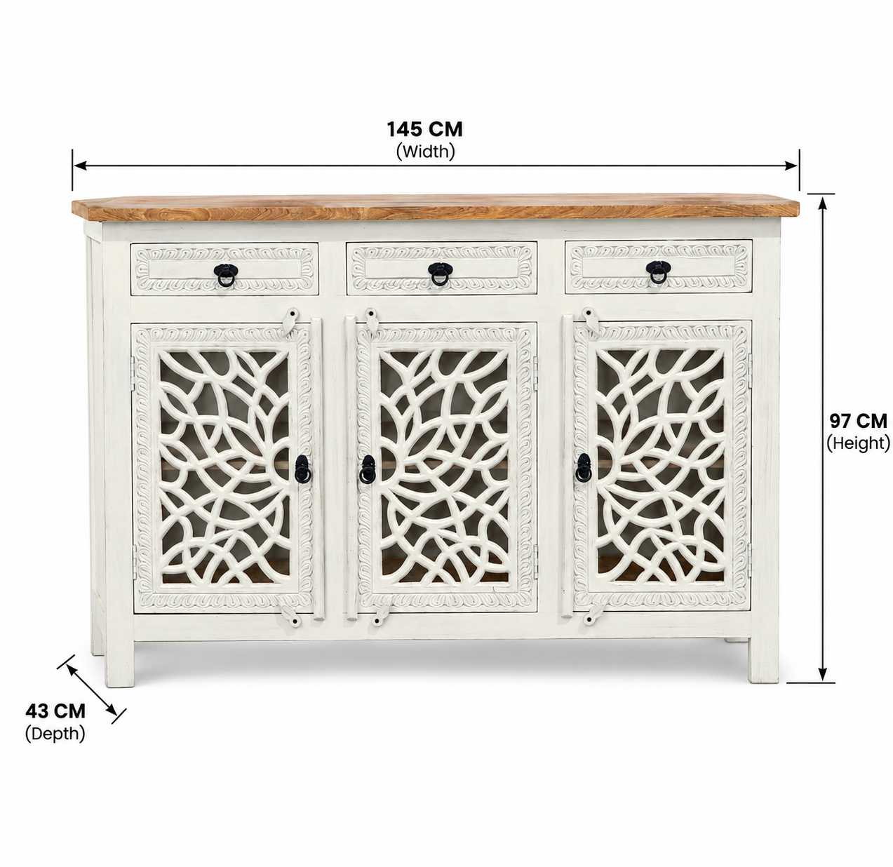 Edzard Solid Mango Wood 3 Drawer 3 Door Carved Sideboard Arina Living