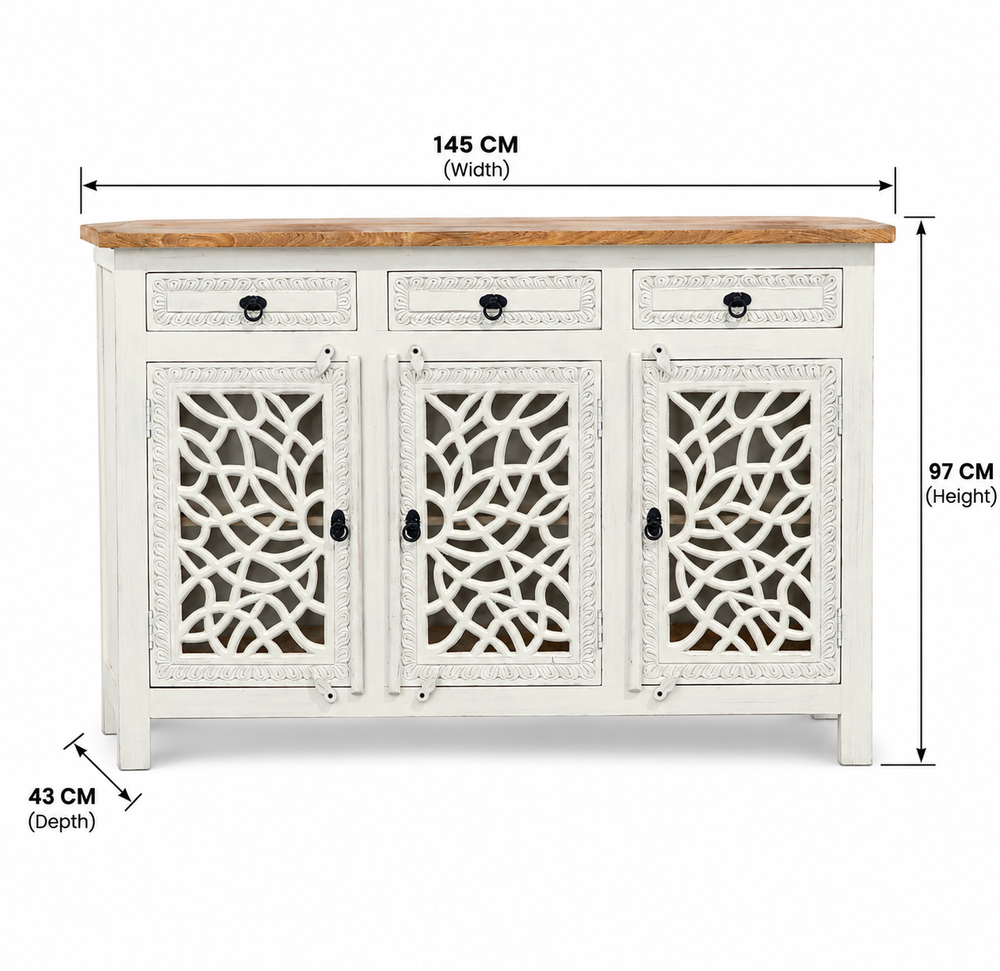 Edzard Solid Mango Wood 3 Drawer 3 Door Carved Sideboard Arina Living