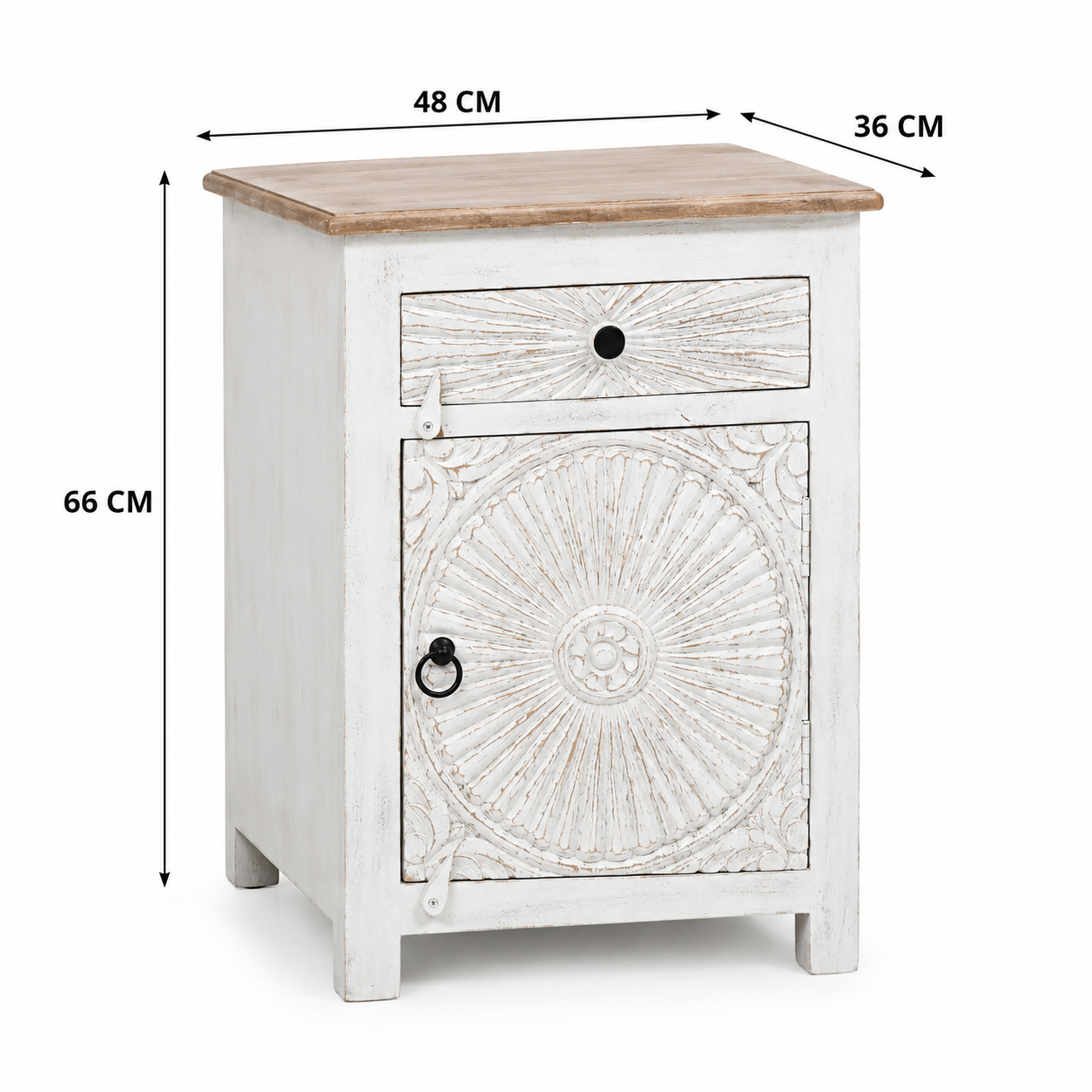 Riott Wooden Bedside Table with Door & Drawer – White Finish Arina Living