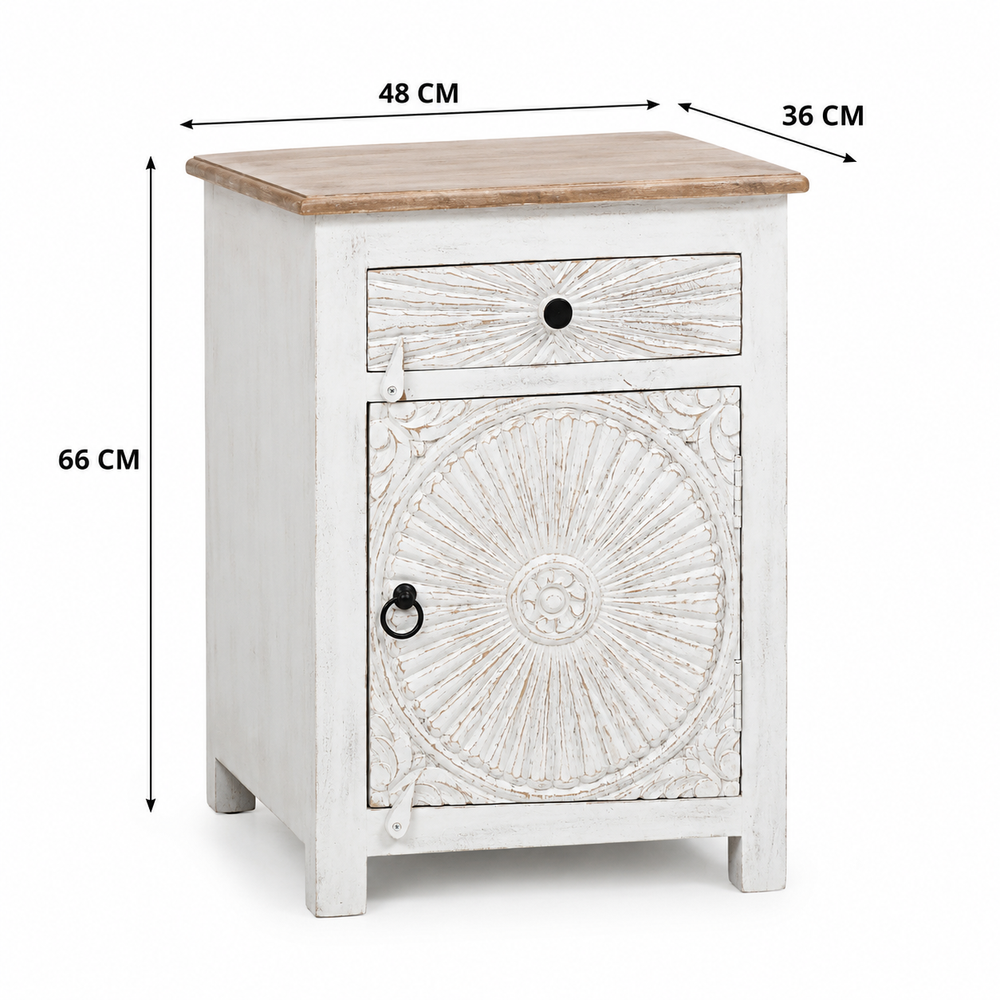Riott Wooden Bedside Table with Door & Drawer – White Finish Arina Living