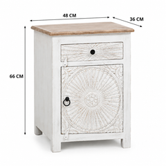 Riott Wooden Bedside Table with Door & Drawer – White Finish Arina Living