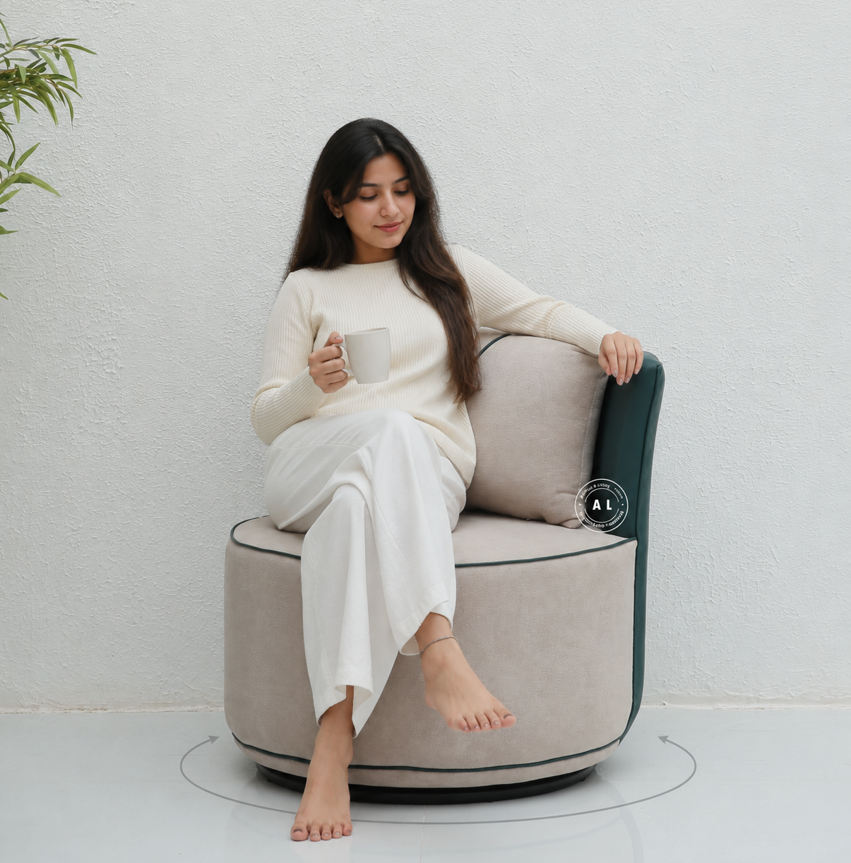Revolving Arm Chair – 360° Swivel, Bouclé Cream Upholstery Arina Living