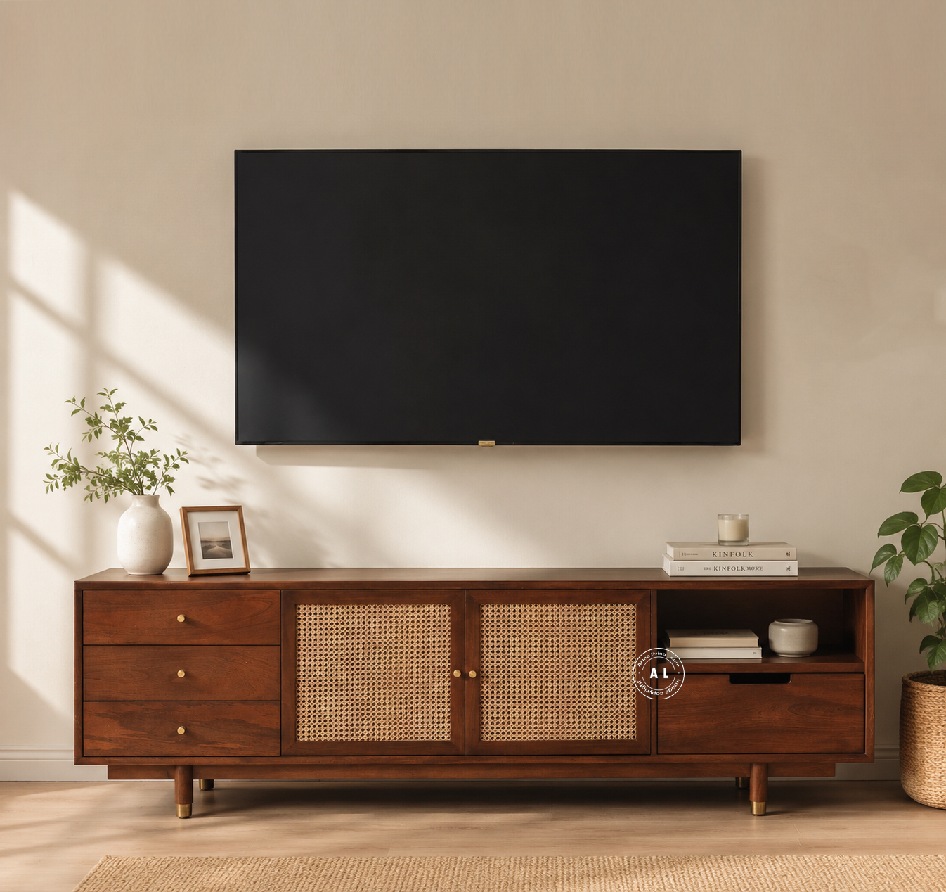 Savarna solid Mango Wood TV Unit with Natural Cane Detailing