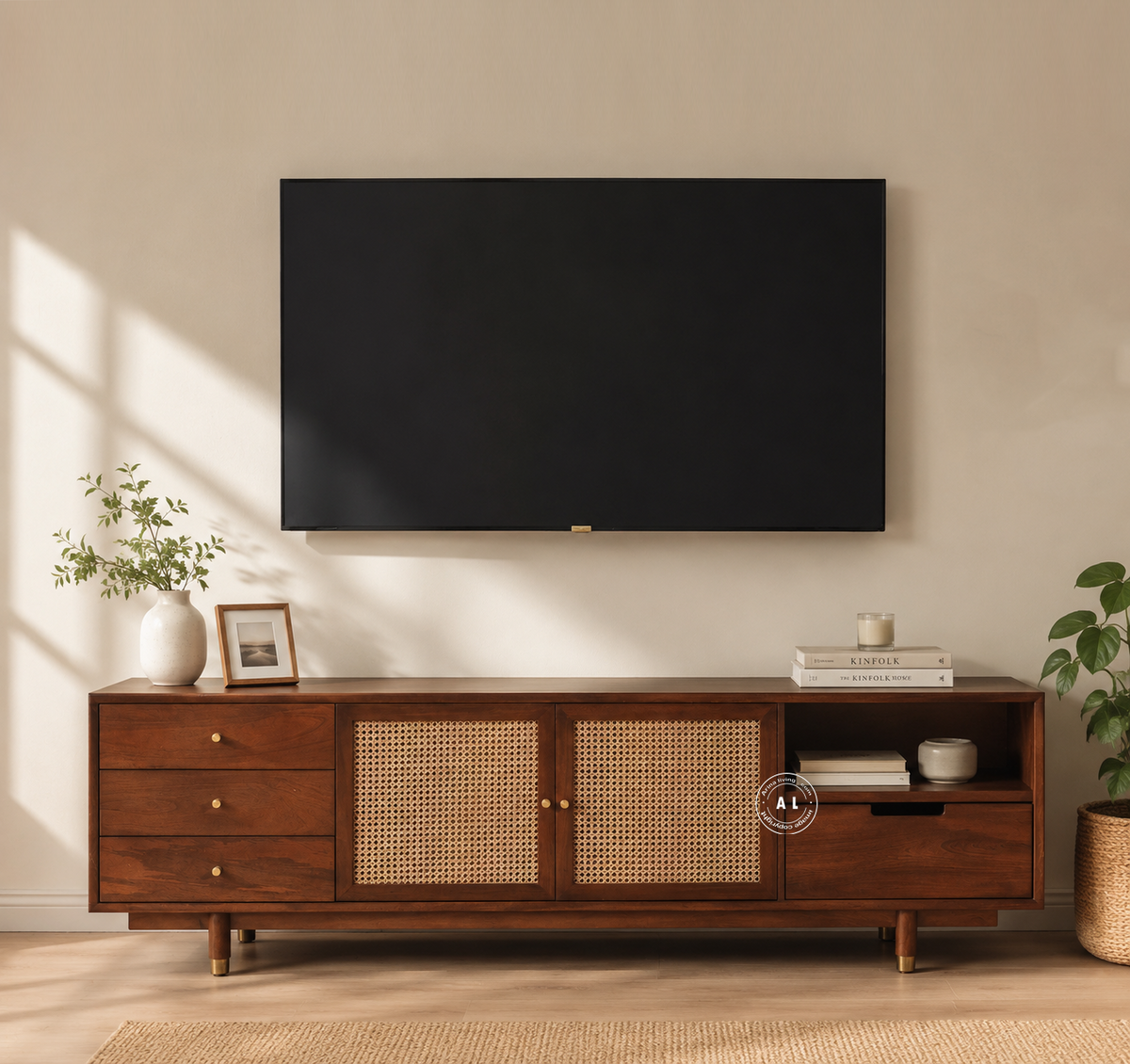 Savarna solid Mango Wood TV Unit with Natural Cane Detailing Arina Living