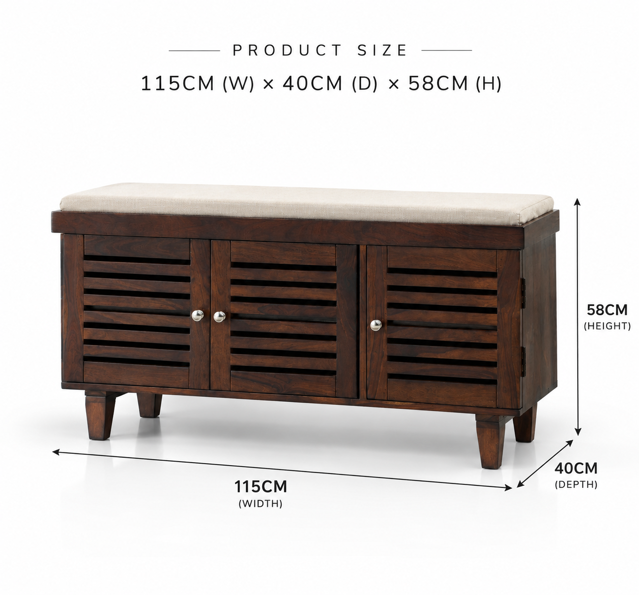 Elowen Sheesham Wood Shoe Rack Bench – 3 Doors, Walnut Finish Arina Living