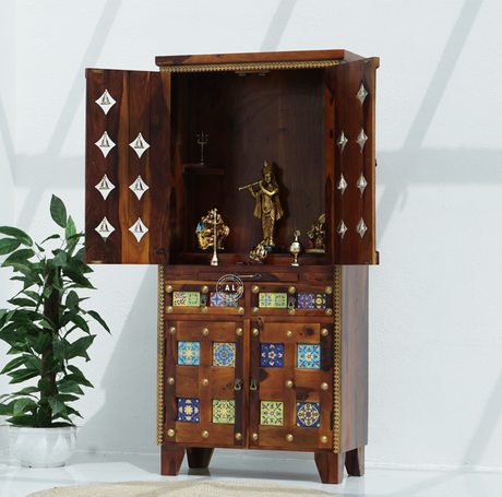 Kerman Sheesham Wood Floor Standing Temple with Handcrafted Tile Work & Storage Cabinet Arina Living