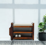 Kasie Solid Sheesham Wood Shoe Rack with Cushioned Seat & Storage Shelves – Honey Finish Arina Living
