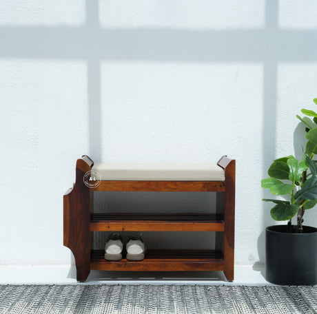 Kasie Solid Sheesham Wood Shoe Rack with Cushioned Seat & Storage Shelves – Honey Finish Arina Living