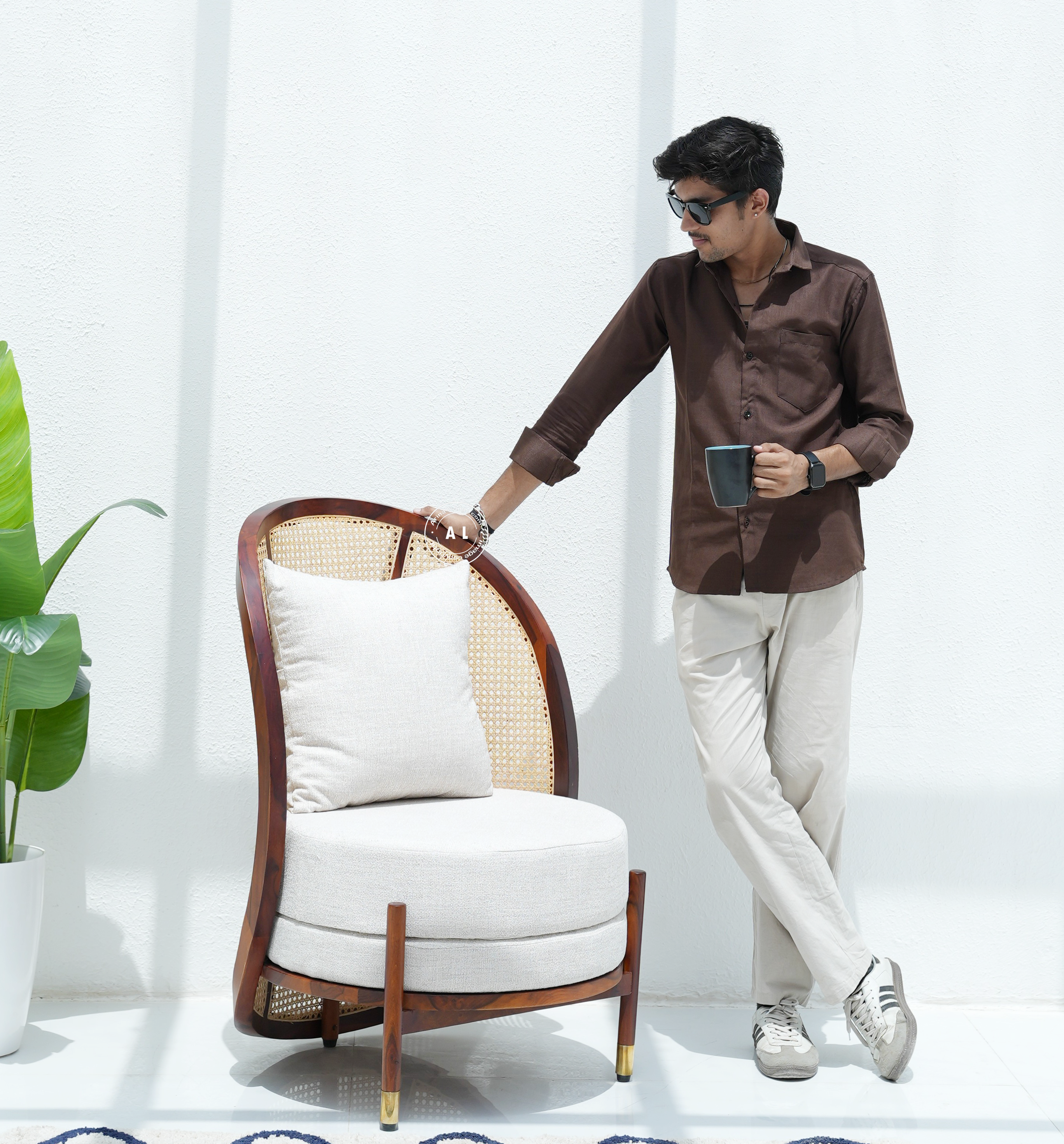 Spectrum Sheesham Wood Lounge Chair with Cane - Honey Finish Arina Living
