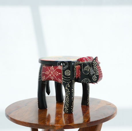 Black Colourful Handpainted Wooden Elephant Stool Arina Living