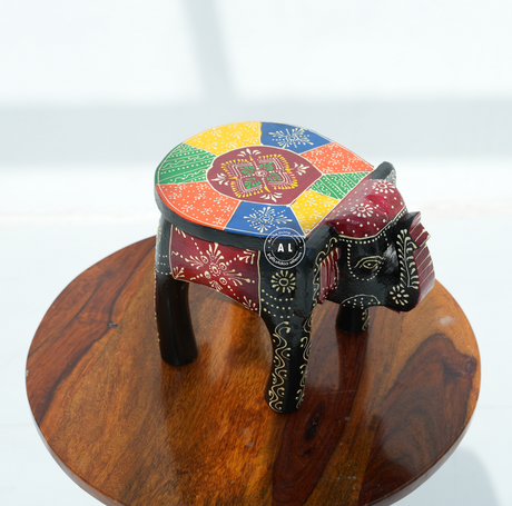 Black Colourful Handpainted Wooden Elephant Stool Arina Living
