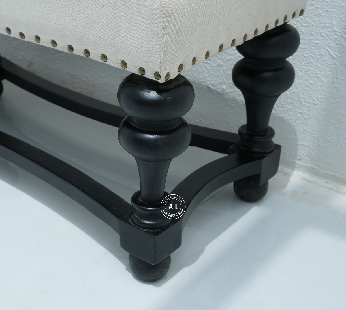 Wooden Upholstered Stool – Ivory Fabric & Black Finish Arina Living