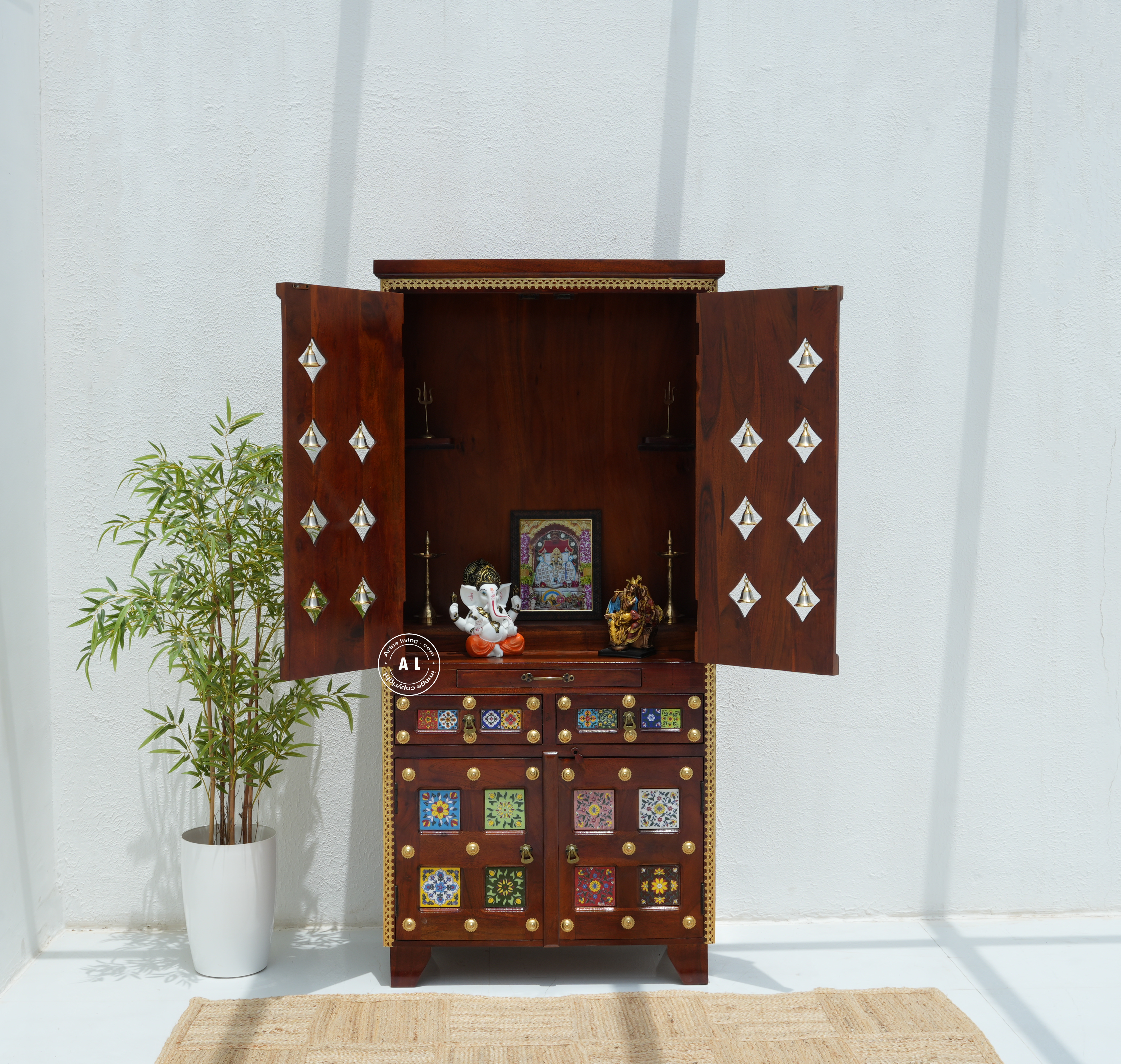 Acacia Wood Floor Standing Temple with Handcrafted Tile Work & Storage Cabinet Arina Living