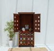 Acacia Wood Floor Standing Temple with Handcrafted Tile Work & Storage Cabinet Arina Living