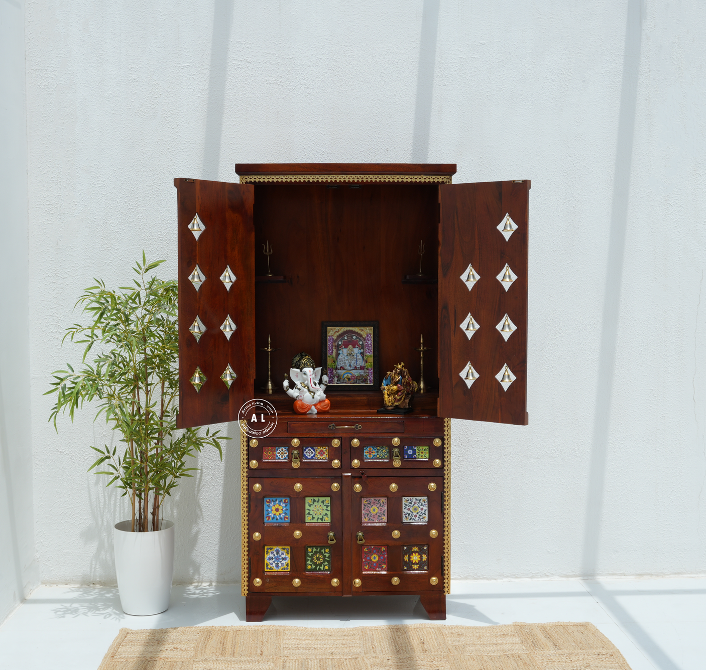 Acacia Wood Floor Standing Temple with Handcrafted Tile Work & Storage Cabinet Arina Living