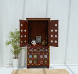 Acacia Wood Floor Standing Temple with Handcrafted Tile Work & Storage Cabinet Arina Living