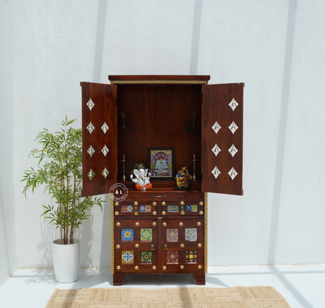 Acacia Wood Floor Standing Temple with Handcrafted Tile Work & Storage Cabinet Arina Living
