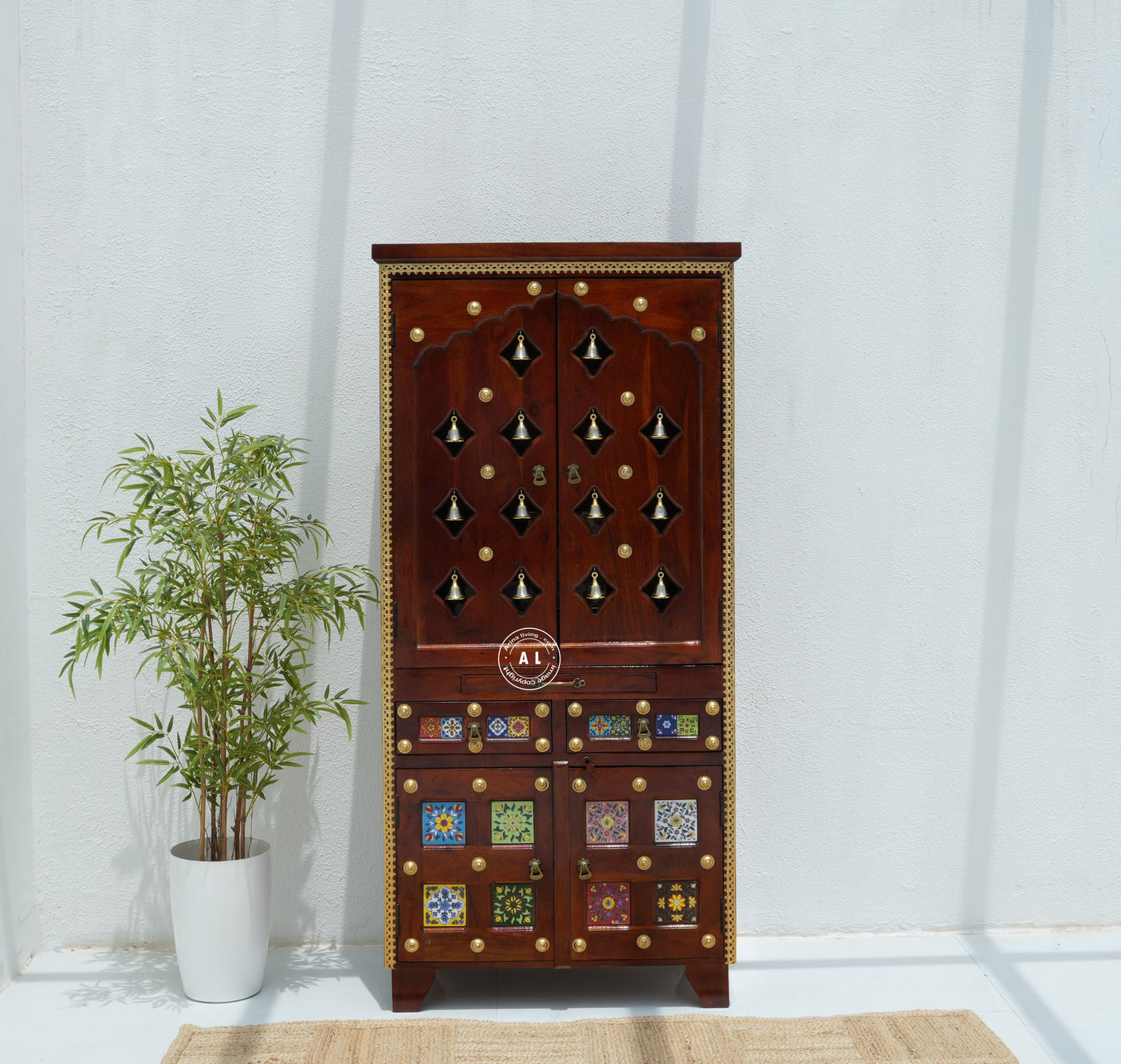Acacia Wood Floor Standing Temple with Handcrafted Tile Work & Storage Cabinet Arina Living