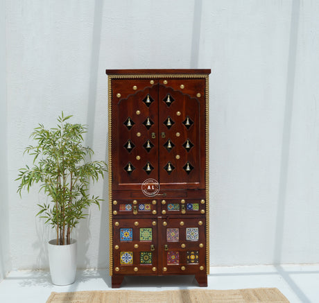 Acacia Wood Floor Standing Temple with Handcrafted Tile Work & Storage Cabinet Arina Living