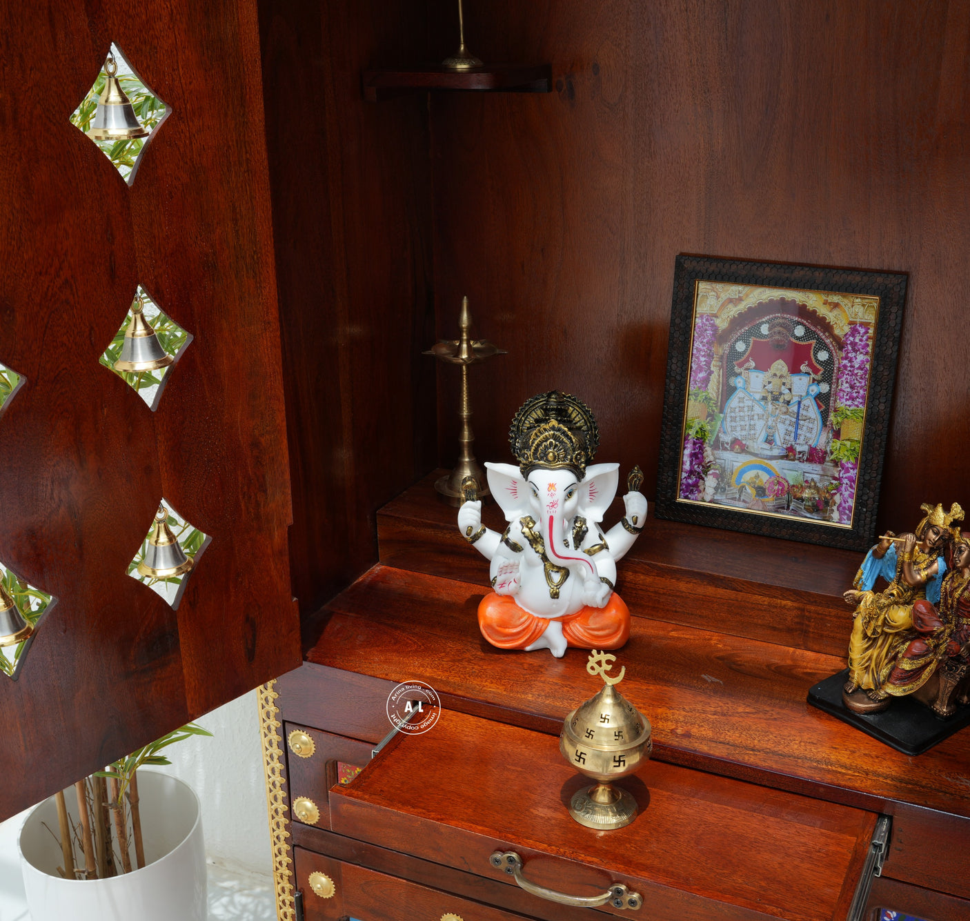Acacia Wood Floor Standing Temple with Handcrafted Tile Work & Storage Cabinet Arina Living