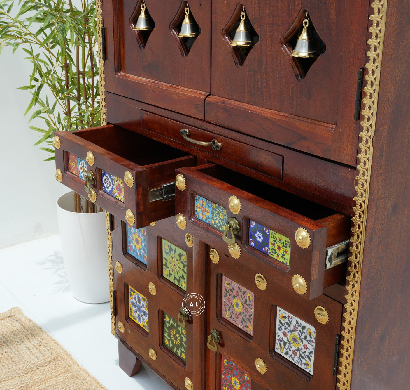Acacia Wood Floor Standing Temple with Handcrafted Tile Work & Storage Cabinet Arina Living