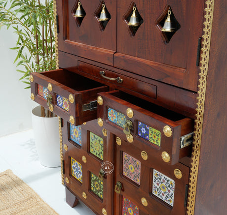 Acacia Wood Floor Standing Temple with Handcrafted Tile Work & Storage Cabinet Arina Living