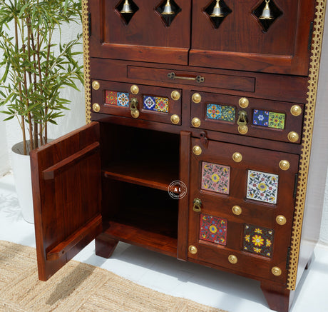 Acacia Wood Floor Standing Temple with Handcrafted Tile Work & Storage Cabinet Arina Living