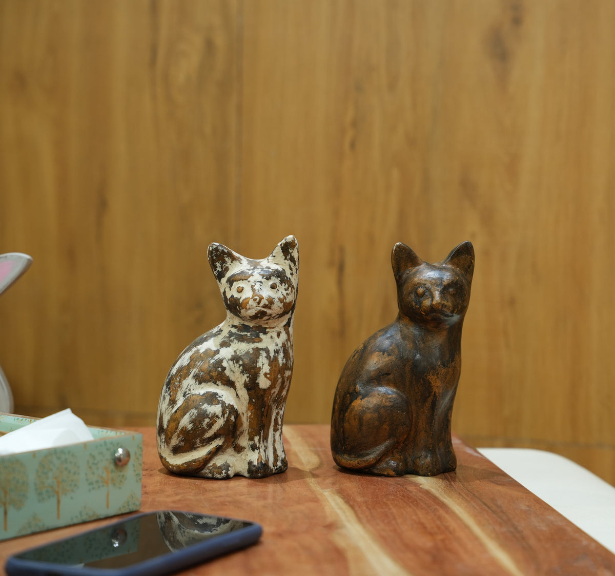 Handcrafted Wooden Cat Figurine Set of 2 – Decorative Cat Showpiece Arina Living
