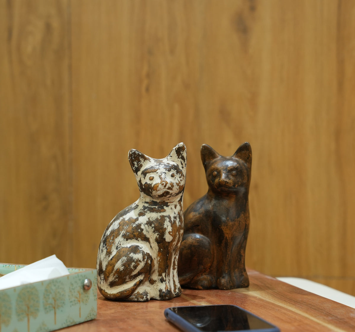 Handcrafted Wooden Cat Figurine Set of 2 – Decorative Cat Showpiece Arina Living